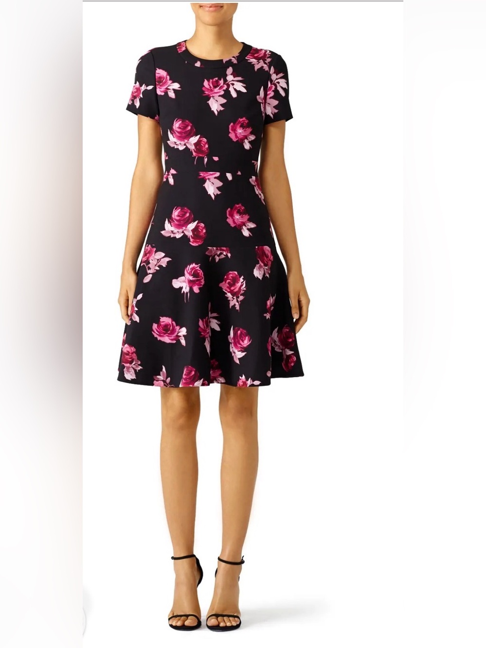 kate spade Black Floral Fit-and-Flare Dress with Pink Rose Print Size 0
